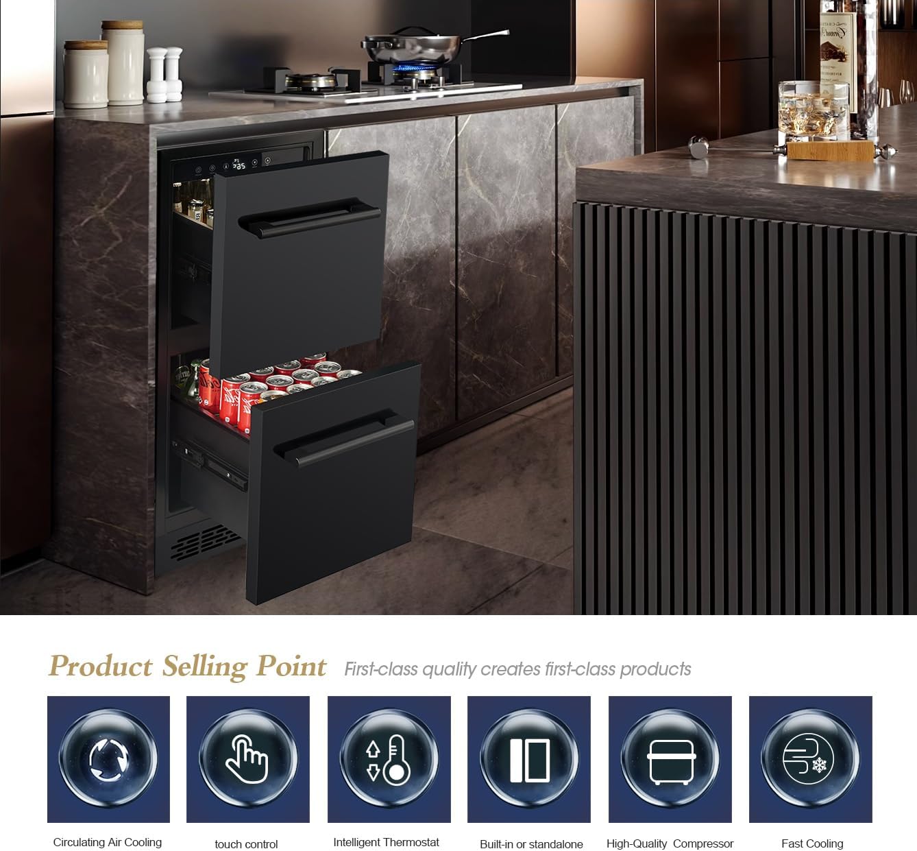 15 inch Double Drawer Drawer Refrigerator Under Counter Beverage Refrigerator, Indoor & Outdoor Fridge for Patio, Kitchen & Bar, Weatherproof, Black