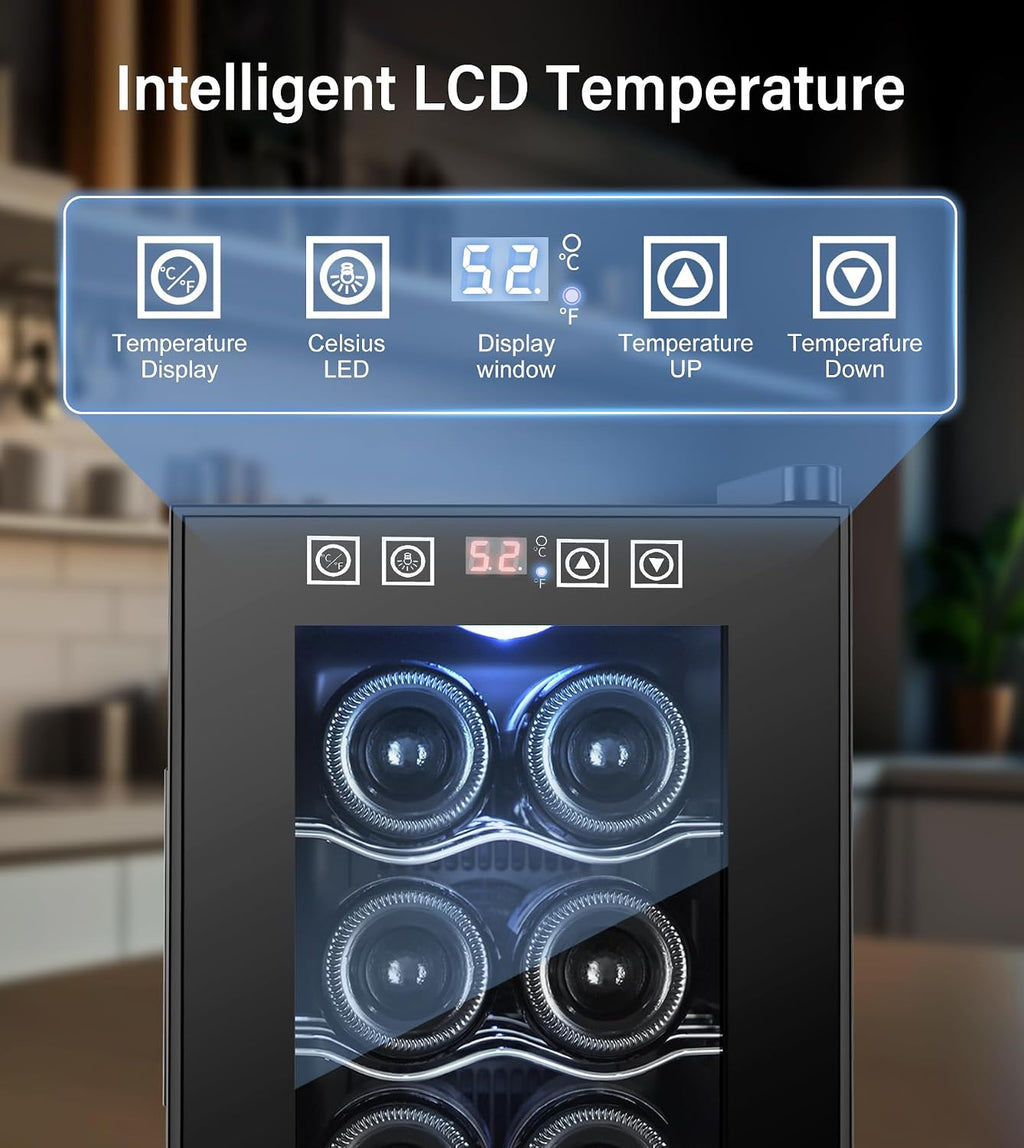 8 Bottle Thermoelectric Wine Fridge, Mini Wine Cooler Refrigerator with LED Touchscreen & Low-E Glass Door, No Vibration Frost-Free Quiet, Countertop/Freestanding, Safety Lock