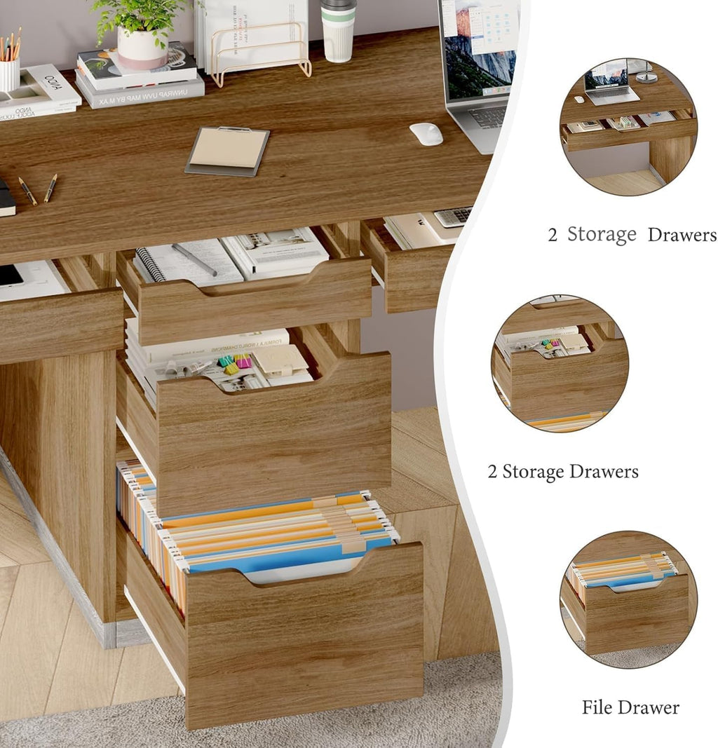 MaverickFurni Two Person Desk with 5 Drawers, Double Desk with Storage for 2 People, 78 Inch Extra Long Computer Desk Workstation with File Drawer for Home Office, Brown