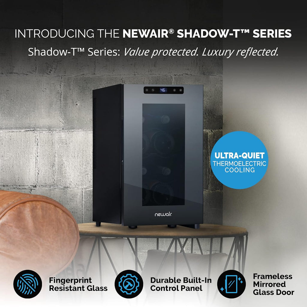 NewAir Shadow-T Series 8 Bottle Thermoelectric Wine Fridge, Countertop Wine Refrigerator, Mirrored Compact Wine Cellar, Triple-Layer Glass Door Cooler, Vibration-Free & Ultra-Quiet Cooling
