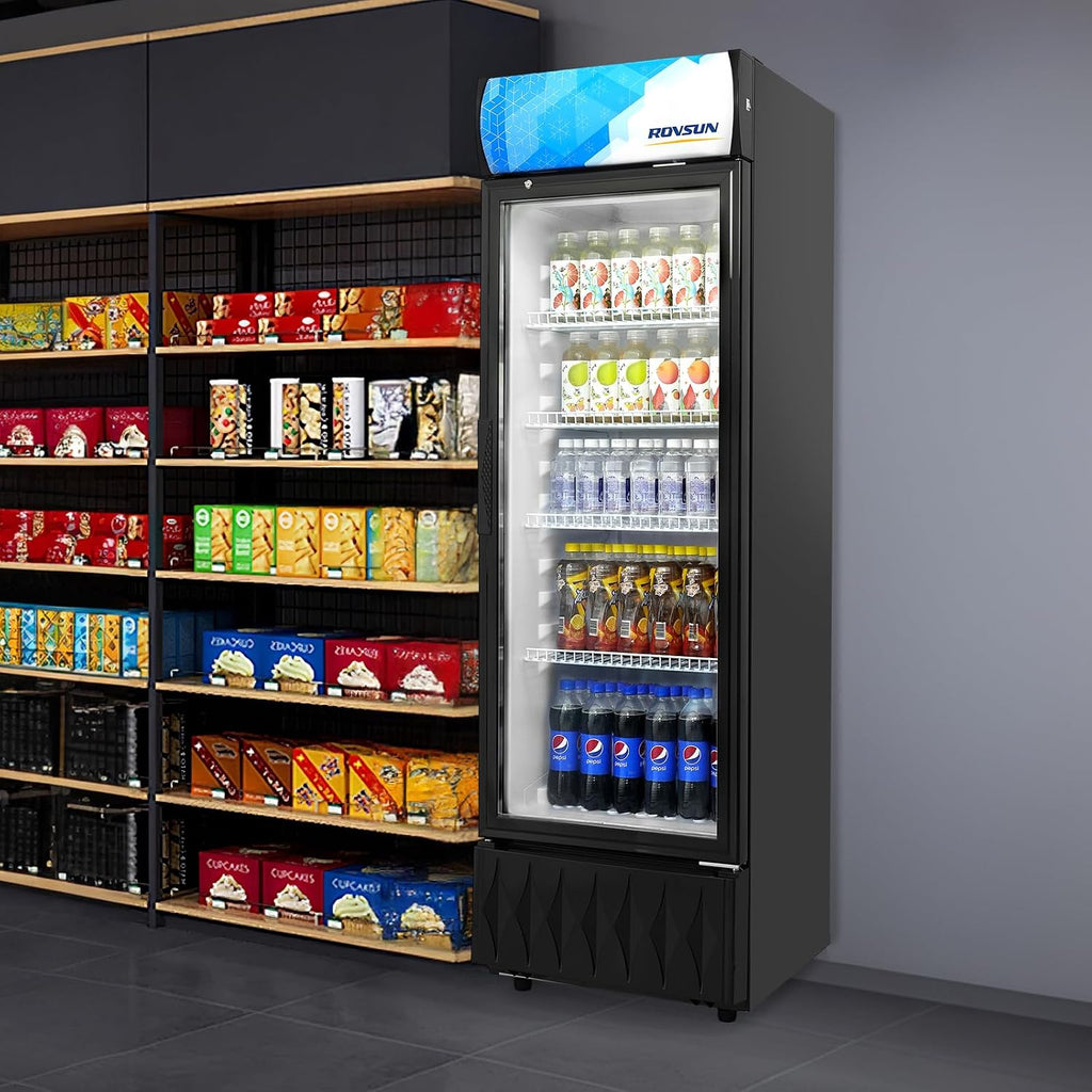 ROVSUN 8.5 Cu.Ft Commercial Refrigerator Display Refrigerator ETL NSF Certified, Slim Commercial Beverage Cooler Glass Door Merchandiser Drink Fridge w/Adjustable Shelves LED Light for Bar Restaurant