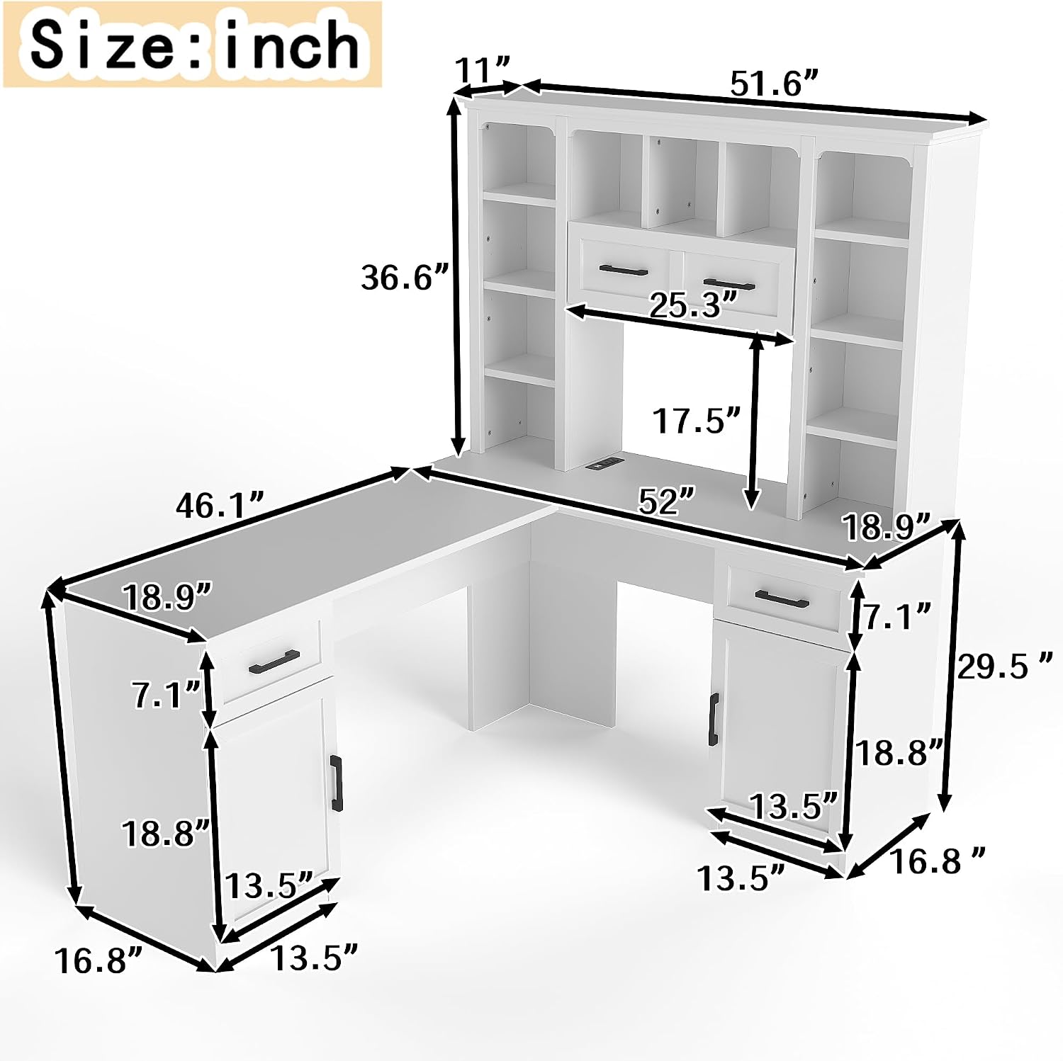 Bellemave L-Shaped Computer Desk with 2 Cabinets and 2 Drawers, Home Office Desk with 11 Open Shelves and 1 Right Flip Shelf, Corner Desk for Study, Living Room and Office (Off White
