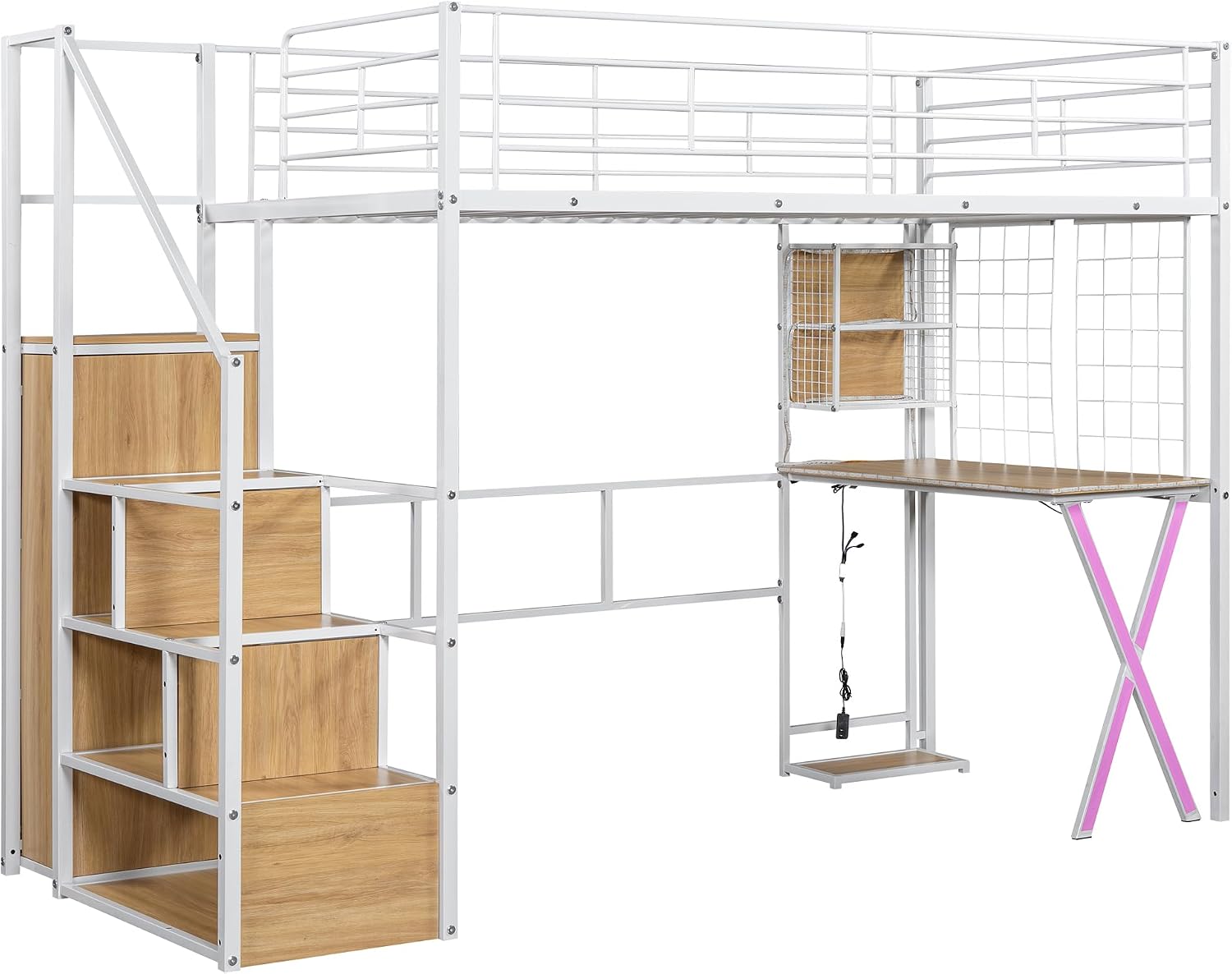 Harper & Bright Designs Twin Size Loft Bed with Storage Staircase, Work Station, Wardrobe and LED, Metal Loft Bed Twin Size for Kids Teens Adults,White