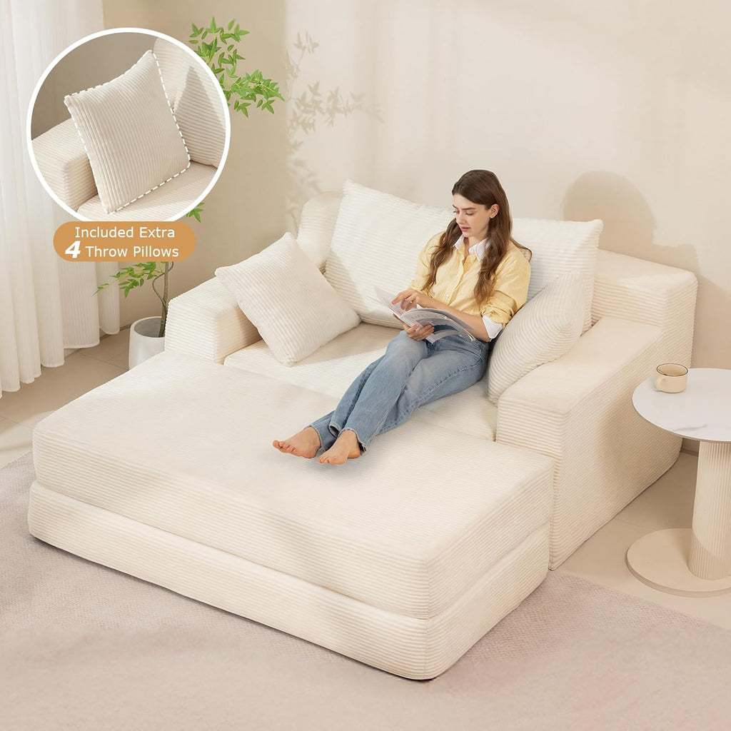 Convertible Futon Sofa Bed with Ottoman, 5 in 1 Folding Couch Bed Loveseat Sleeper, Corduroy Boneless Couch with Deep Seat for Living Room Chaise Lounge Chair Indoor, No Assembly Required, Beige