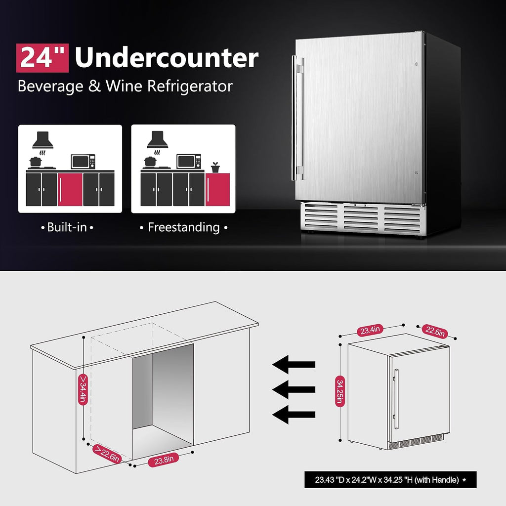 Icyglee 24 Inch Beverage Refrigerator, 180 Cans Undercounter Beverage Fridge with Stainless Steel for Home and Patio Use, Outdoor Refrigerator for Soda, Beer, Wine