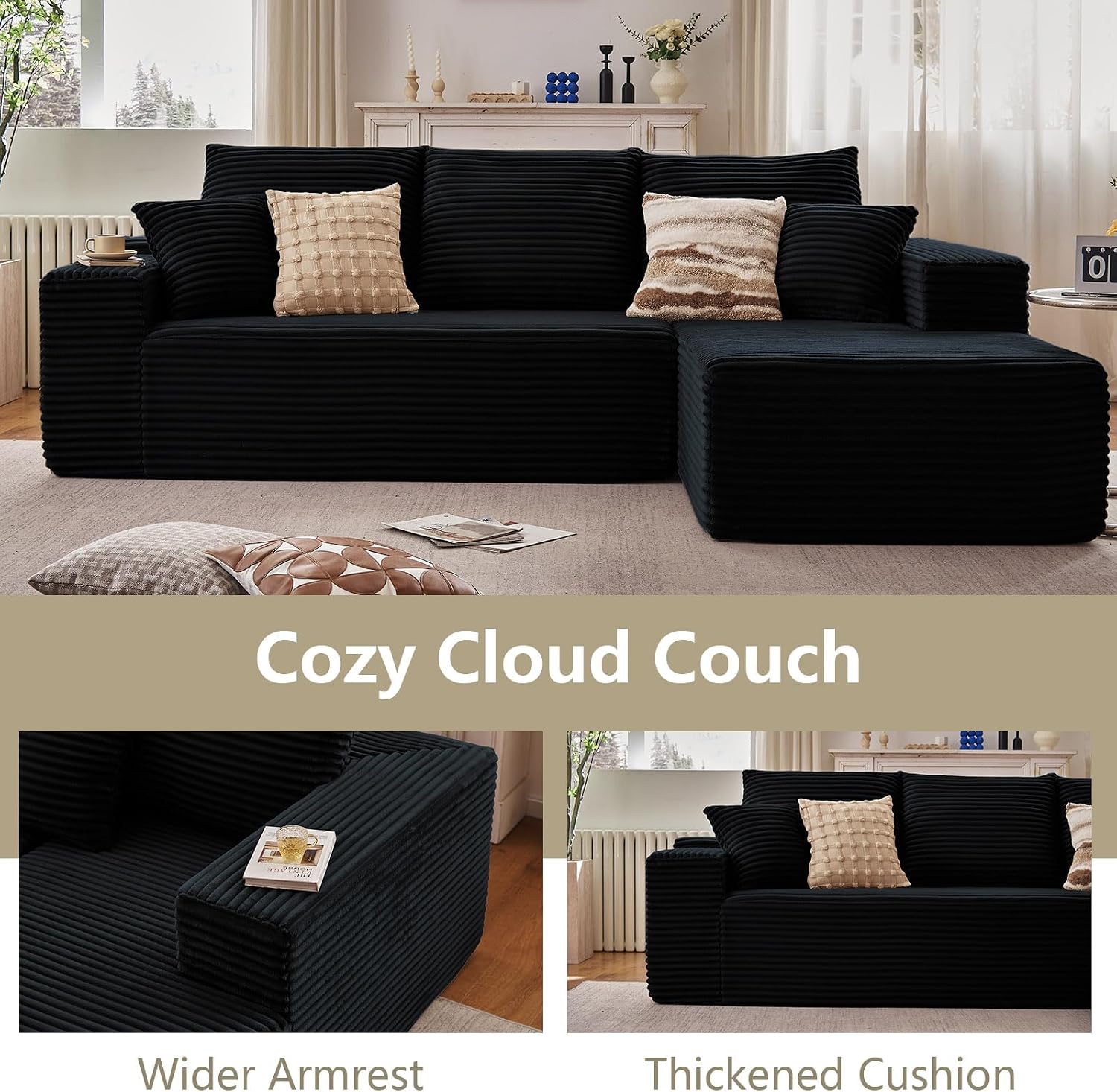 95.8' Cloud Sectional Couch with L-Shape Chaise, Modern Modular Comfy Sofa Chaise Longue, Upholstered Corduroy Couches Sleeper with Deep Seat for Living Room Bedroom, No Assembly Required, Black