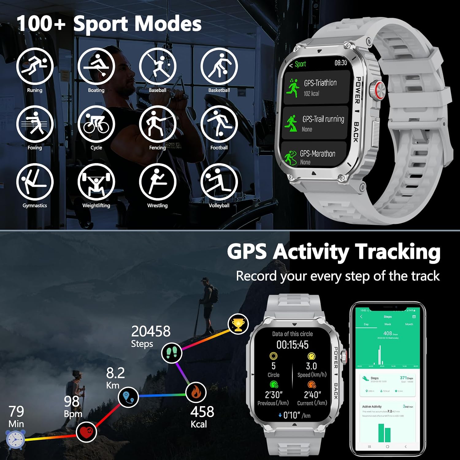 Military Smart Watch with GPS and Map(Answer/Make Call), Smartwatches with Health Monitor, Compass/Altitude/Air Pressure,100+ Sport Modes, Fitness Tracker for Android/iPhone (with GPS+Map, Gray)