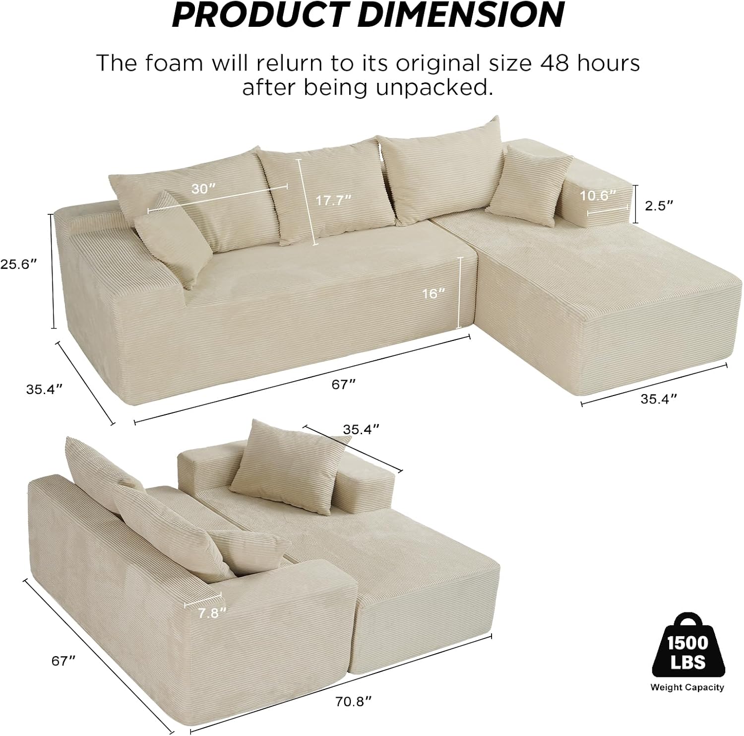 103' Cloud Sectional Couch with L-Shape Chaise,Modern Modular Sofa with Deep Seat, Upholstered Couches for Living Room Bedroom,No Assembly Required, Beige (Right Facing Chaise)