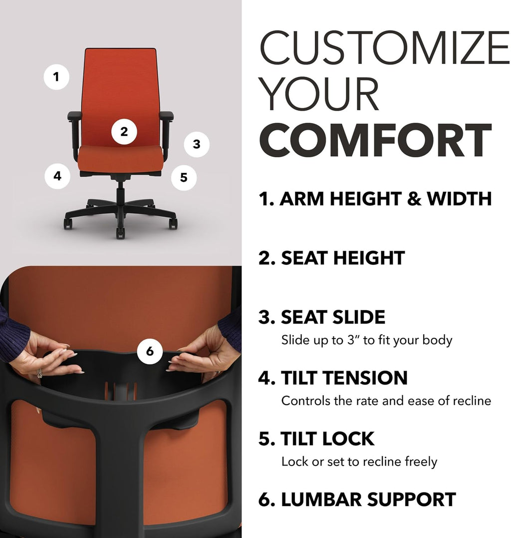 HON Ignition 2.0 Mid‑Back Ergonomic Office Chair, Mesh Task Seating with Lumbar Support, Advanced Synchro‑Tilt, Height and Width Adjustable Arms, Black Frame, Salamander