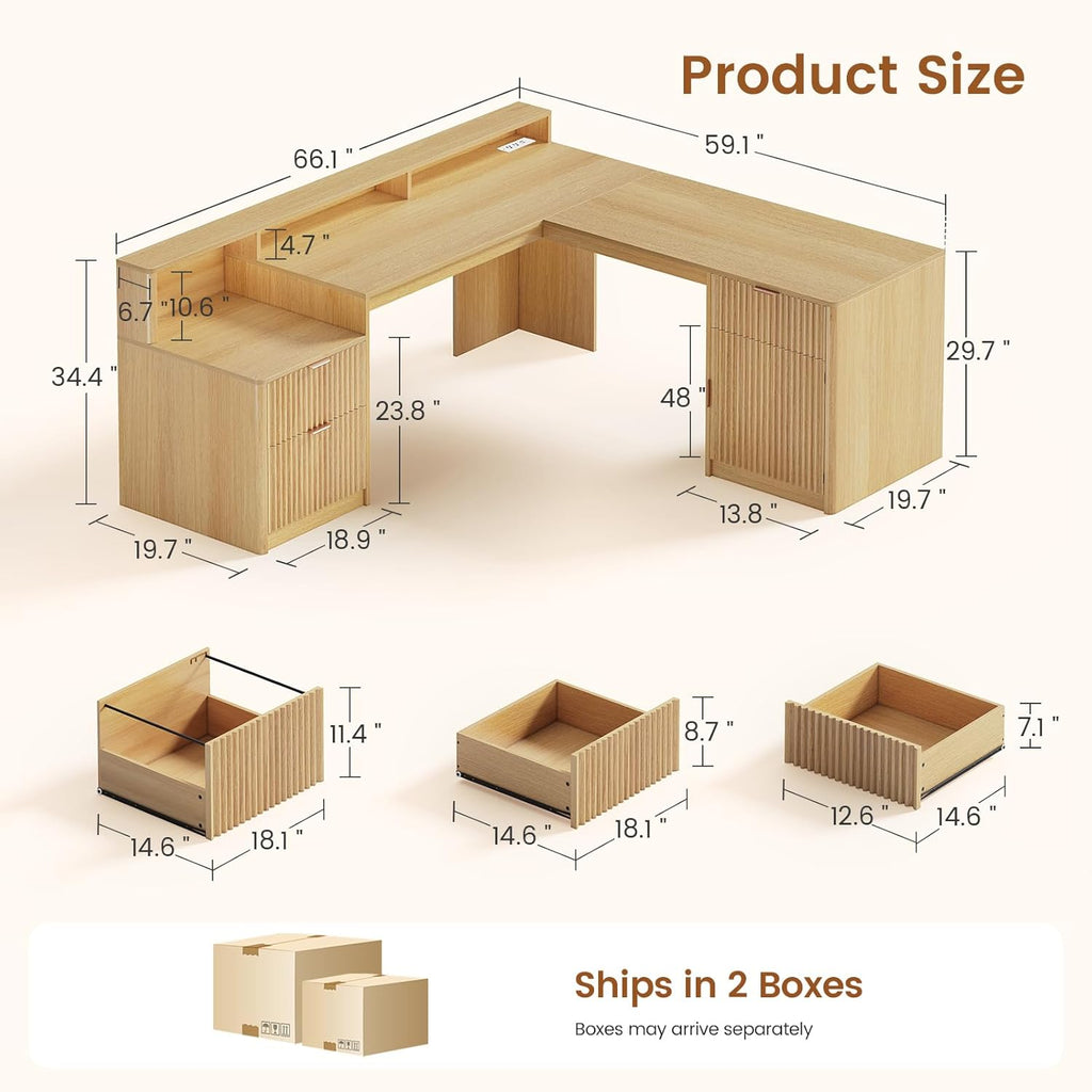 SEDETA 66' Modern L Shaped Desk with Drawers, Fluted Home Office Desk with File Cabinet and Printer Shelf, Wood Executive Desk with Monitor Stand, Power Outlets, Led Lights, Oak