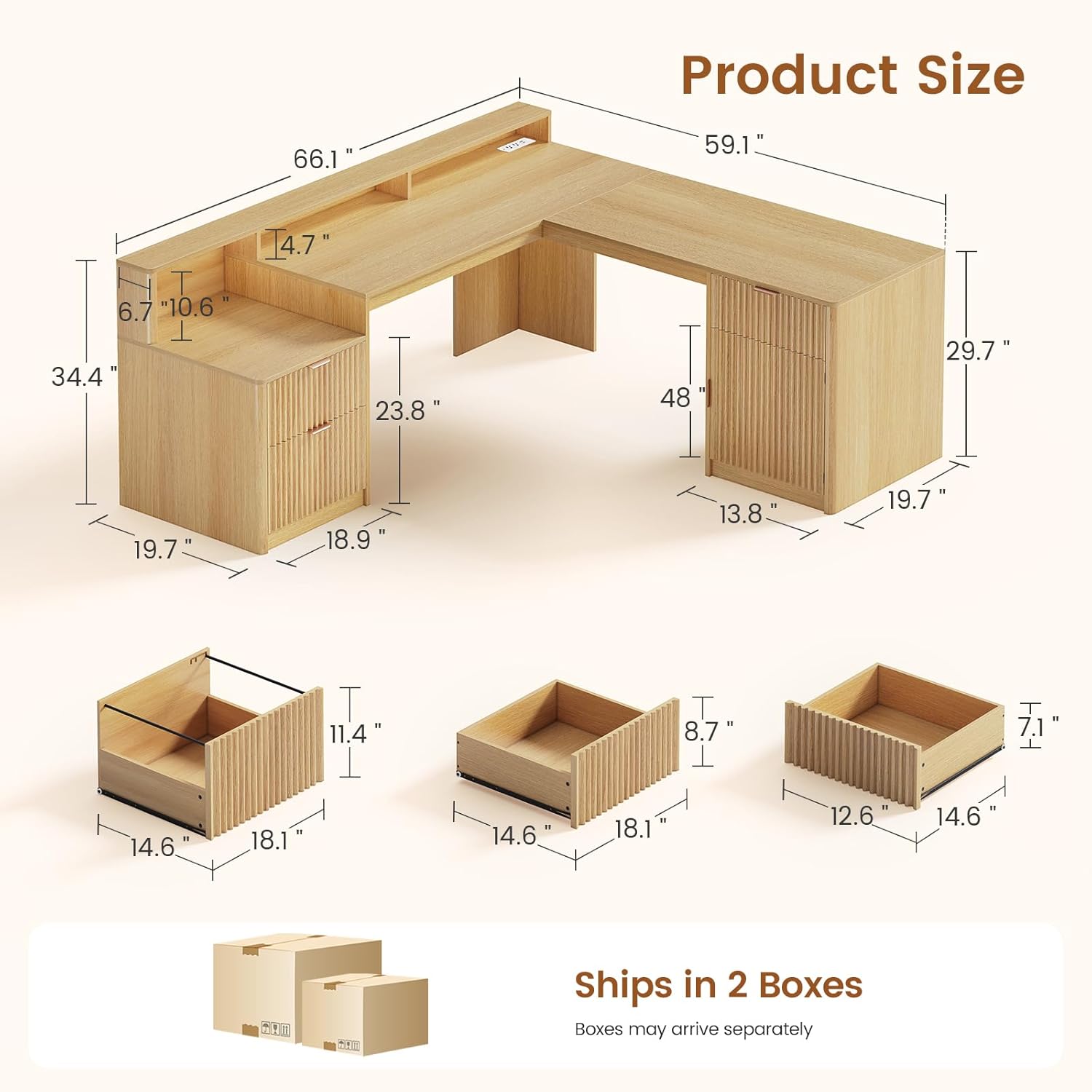 SEDETA 66' Modern L Shaped Desk with Drawers, Fluted Home Office Desk with File Cabinet and Printer Shelf, Wood Executive Desk with Monitor Stand, Power Outlets, Led Lights, Oak