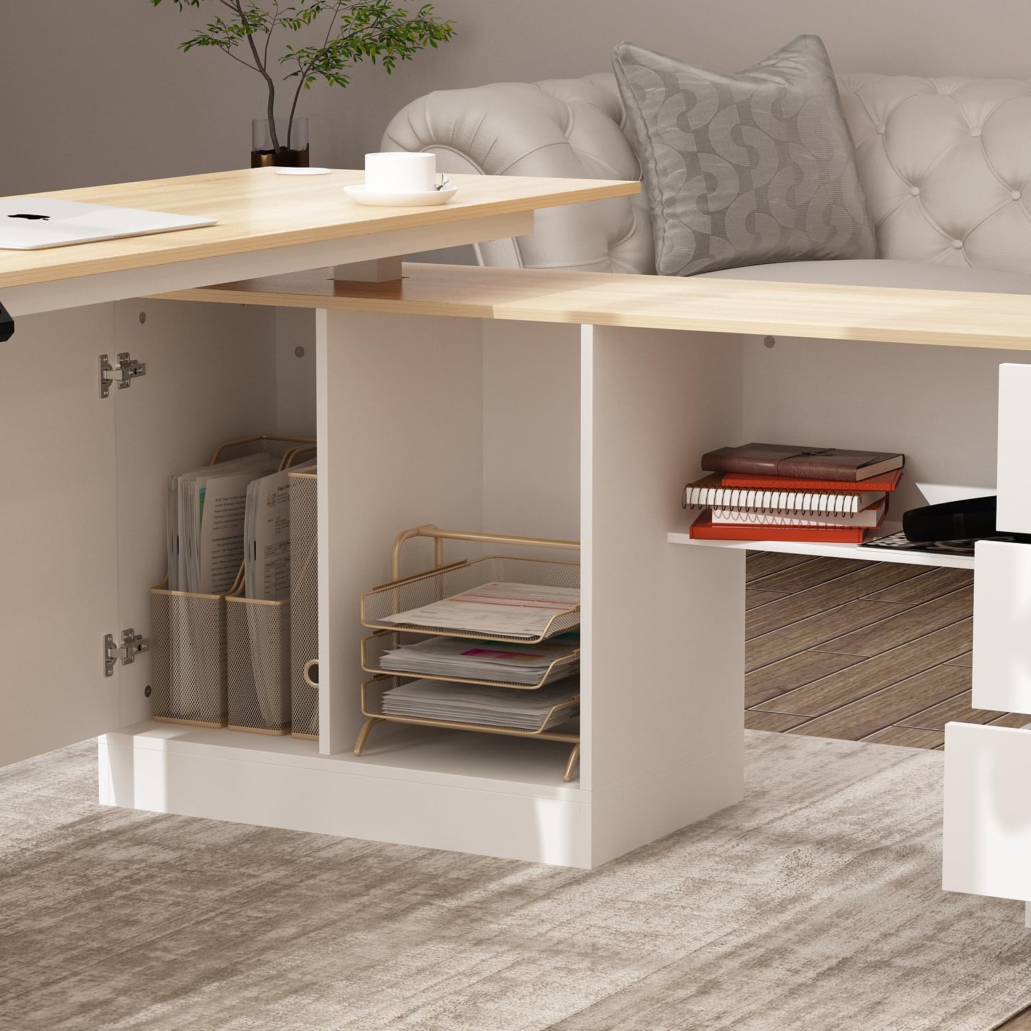 Homsee Home Office L Shaped Electric Standing Desk with Drawers and Shelves, Height Adjustable Stand up Desk, 63' Computer Executive Corner Table, Oak & White