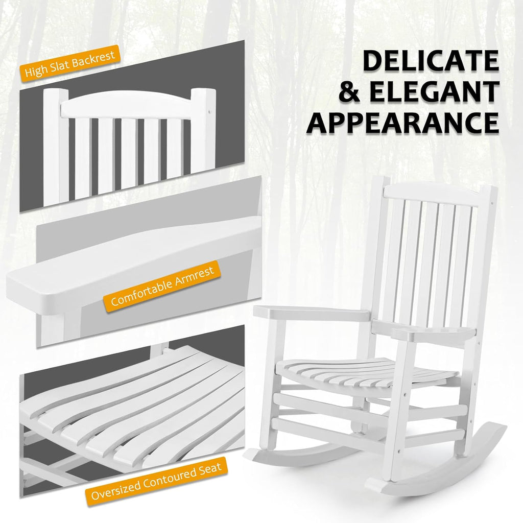 Hupmad Wooden Rocking Chair Outdoor Oversized Porch Rocker Chair,Patio Wooden Rocker with High Back and Armrest,All Weather Rocker Slatted for Backyard,Garden,400 lbs Support,White
