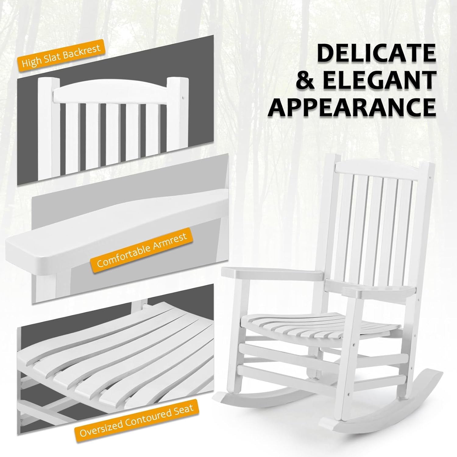 Hupmad Wooden Rocking Chair Outdoor Oversized Porch Rocker Chair,Patio Wooden Rocker with High Back and Armrest,All Weather Rocker Slatted for Backyard,Garden,400 lbs Support,White