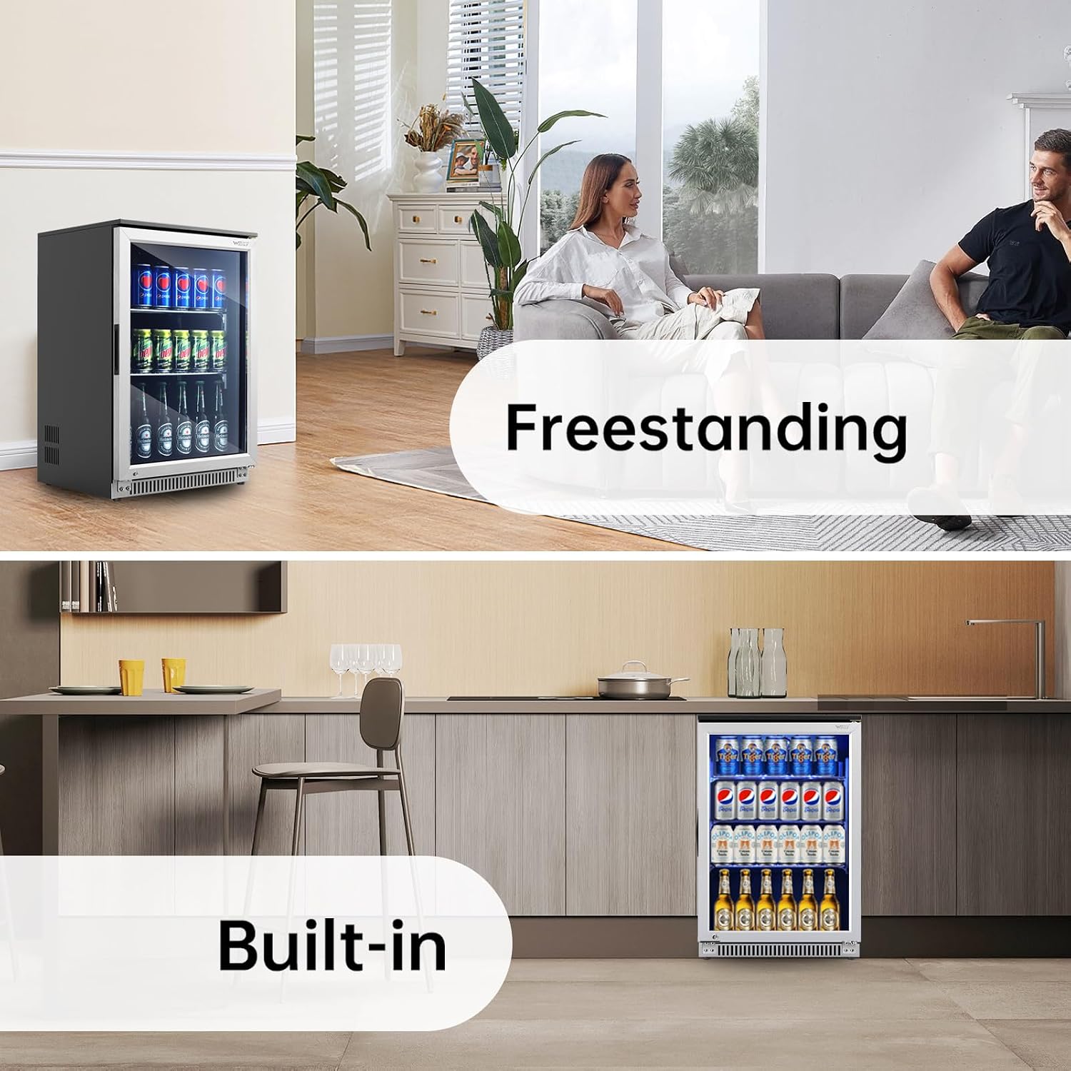 Weili 20 Inch Built in Beverage Refrigerator with Lock, Under Counter or Freestanding 120 Can Soda Beer Drink Cooler Fridge with Stainless Steel and Glass Door