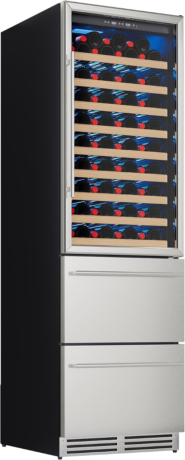 Albott 24 Inch Wine and Beverage Refrigerator, 2 In 1 Dual Zone 49 Bottle Wine Cooler 37–72℉ with Soft LED Light, Hold 108 Bottles and 150 Cans, Built-in or Freestanding Design for Home and Bar