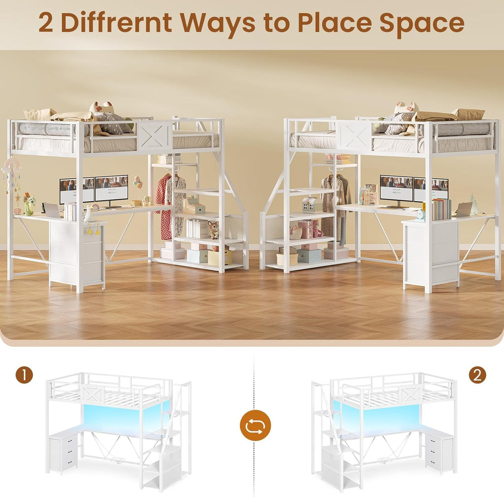 Itaar Stairway Twin Size Loft Bed with L Shaped Desk and Wardrobe, Metal Loft Bed Frame with Stairs, 3 Fabric Drawers, LED Lights & Charging Sation, No Noise & No Box Spring Needed, White