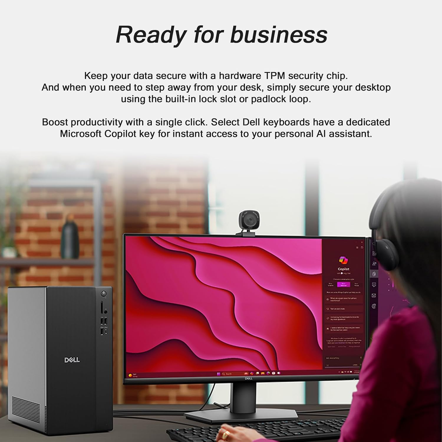 Dell ECT1250 slim tower desktop computer, Intel Core Ultra 5-225, 32GB DDR5 RAM, 1TB SSD, Wi-Fi 6, Windows 11 Pro, black