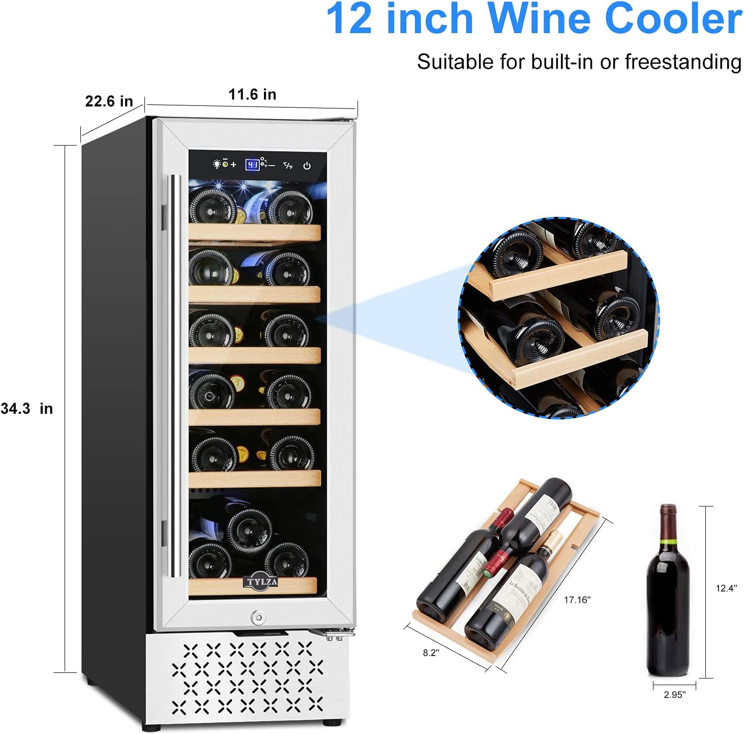 Tylza 12' Wine Cooler Refrigerator, 18 Bottles Wine Fridge Built-in or Freestanding with Stainless Steel & Double-Layer Tempered Glass Door, Compressor Fast Cooling, Low Noise and No Fog, Mini Fridge