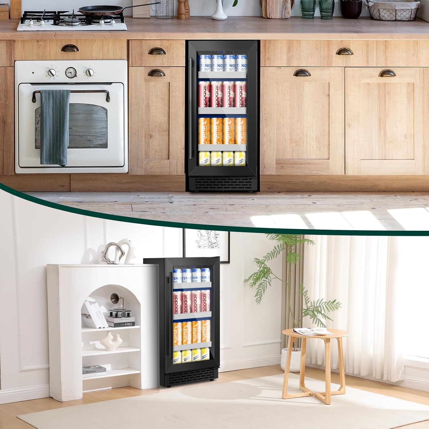 15 Inch Black Beverage Refrigerator,130 Cans Beverage Cooler Under Counter/Freestanding with Glasses Door,Drink Fridge Upgraded Compressor and Reversible Door for Beer,Soda,Juice-Home,Office