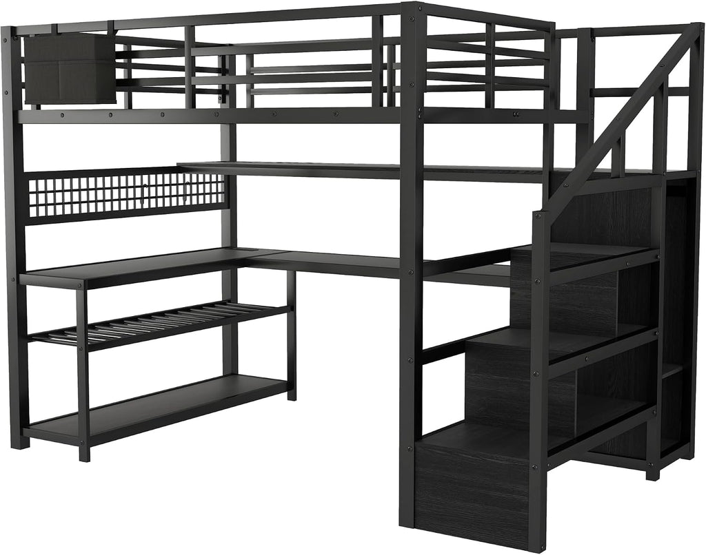 Full Size Loft Bed with Stairs & Desk, Black Loft Bed Frame with Storage Staircase, Charging Station & LED Light, Space Saving Loft Beds with Built-in Study Workstation for Kids Teens Adults