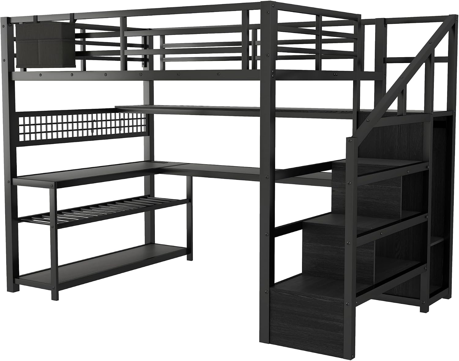 Full Size Loft Bed with Stairs & Desk, Black Loft Bed Frame with Storage Staircase, Charging Station & LED Light, Space Saving Loft Beds with Built-in Study Workstation for Kids Teens Adults
