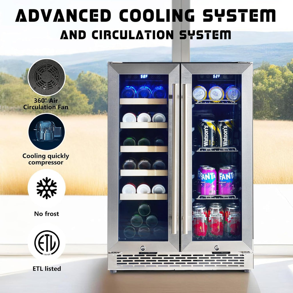 Albott Beverage Refrigerator - 24-Inch Dual Zone Cooler with Glass Door, Freestanding/Under Counter Wine and Beer Fridge, Holds 20 Bottles & 78 Cans, Ideal for Kitchen, Bar, Office, 34-64℉ & 41-68℉