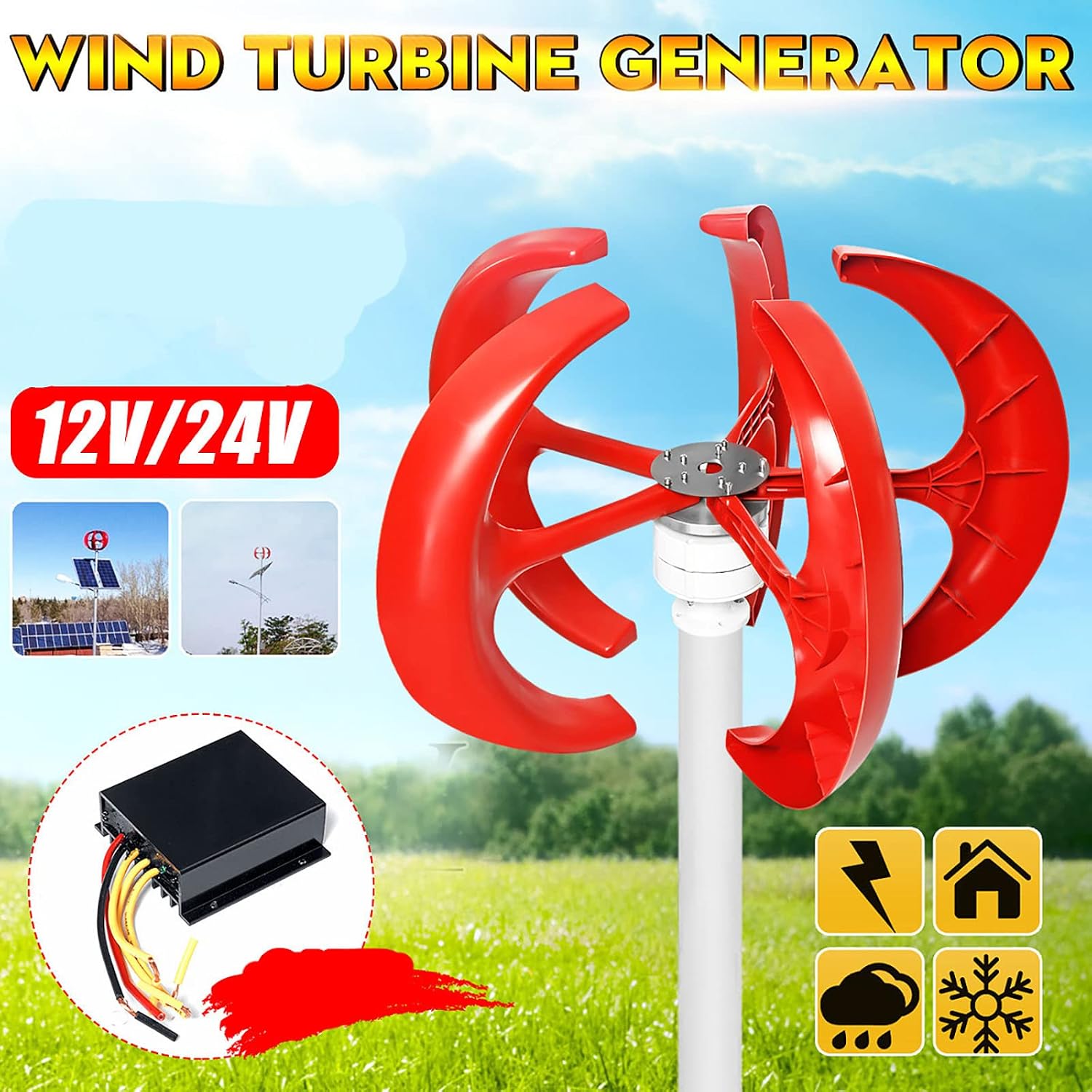 3000W Vertical Wind Turbine Generator Small 12V/24V/48V/220V Wind Turbine Homeuse Low Noise High Efficiency with Controller for Wind Power Systems(Red)