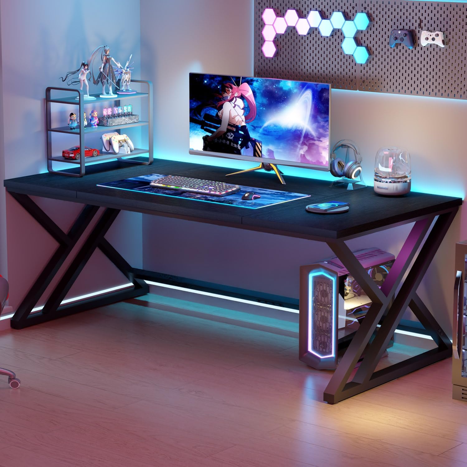 LVB 70.8' Black Computer Desk, Large Industrial Pc Study Home Office Desk, Long Modern Wood Gaming Work Writing Desk for 2 Person, Farmhouse Double Workstation Executive Desk with Storage in Bedroom