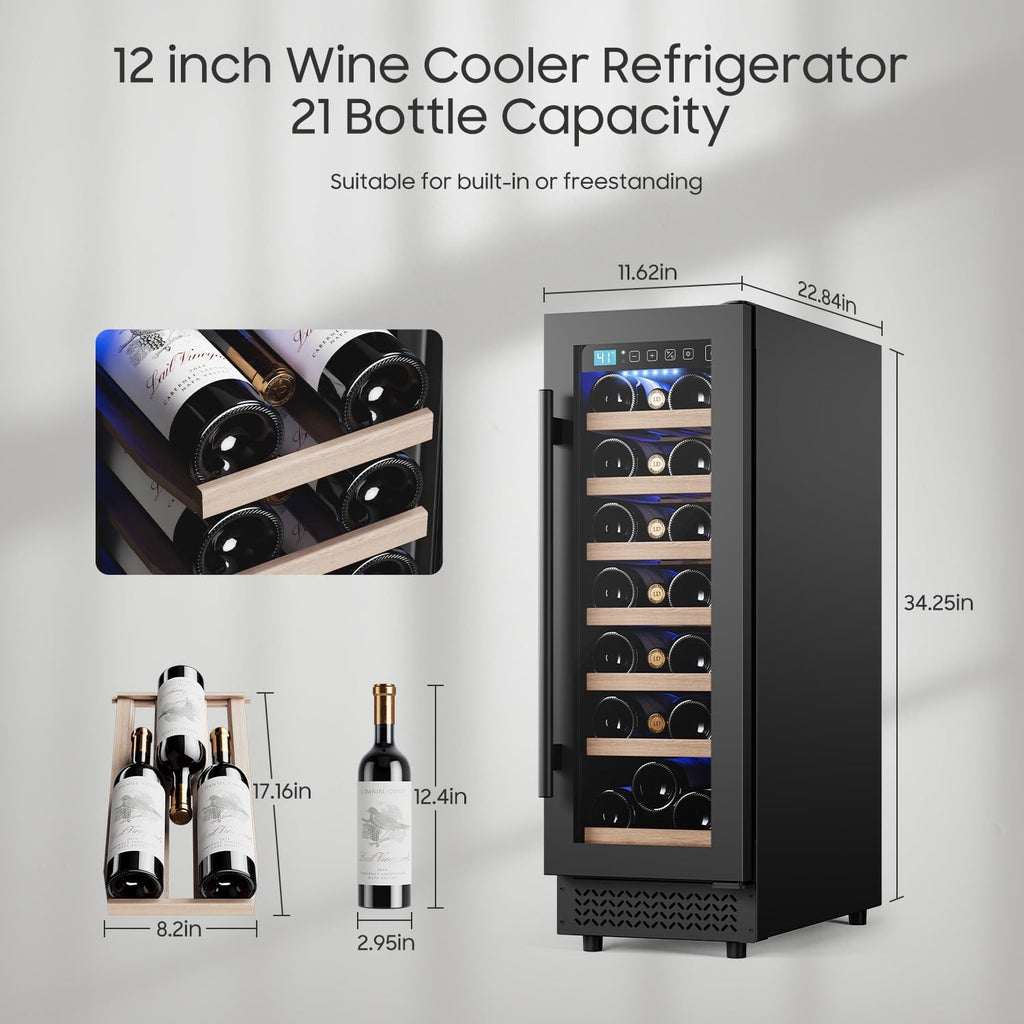 12' Wine Cooler Refrigerator 21 Bottle Wine Fridge Built-in or Freestanding with Double-Layer Tempered Glass Door Compressor quick cooling, Low Noise