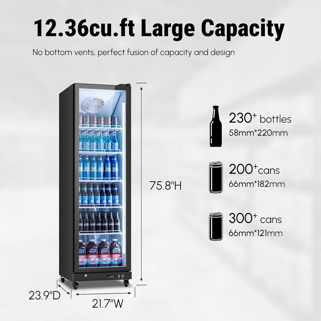 Yeego Commercial Display Beverage Refrigerator - 12.36 Cu.ft Vending Machine with LED Light and Adjustable Shelves, Drink Cooler 32-50°F for Supermarkets Business Grocery Stores Offices Home