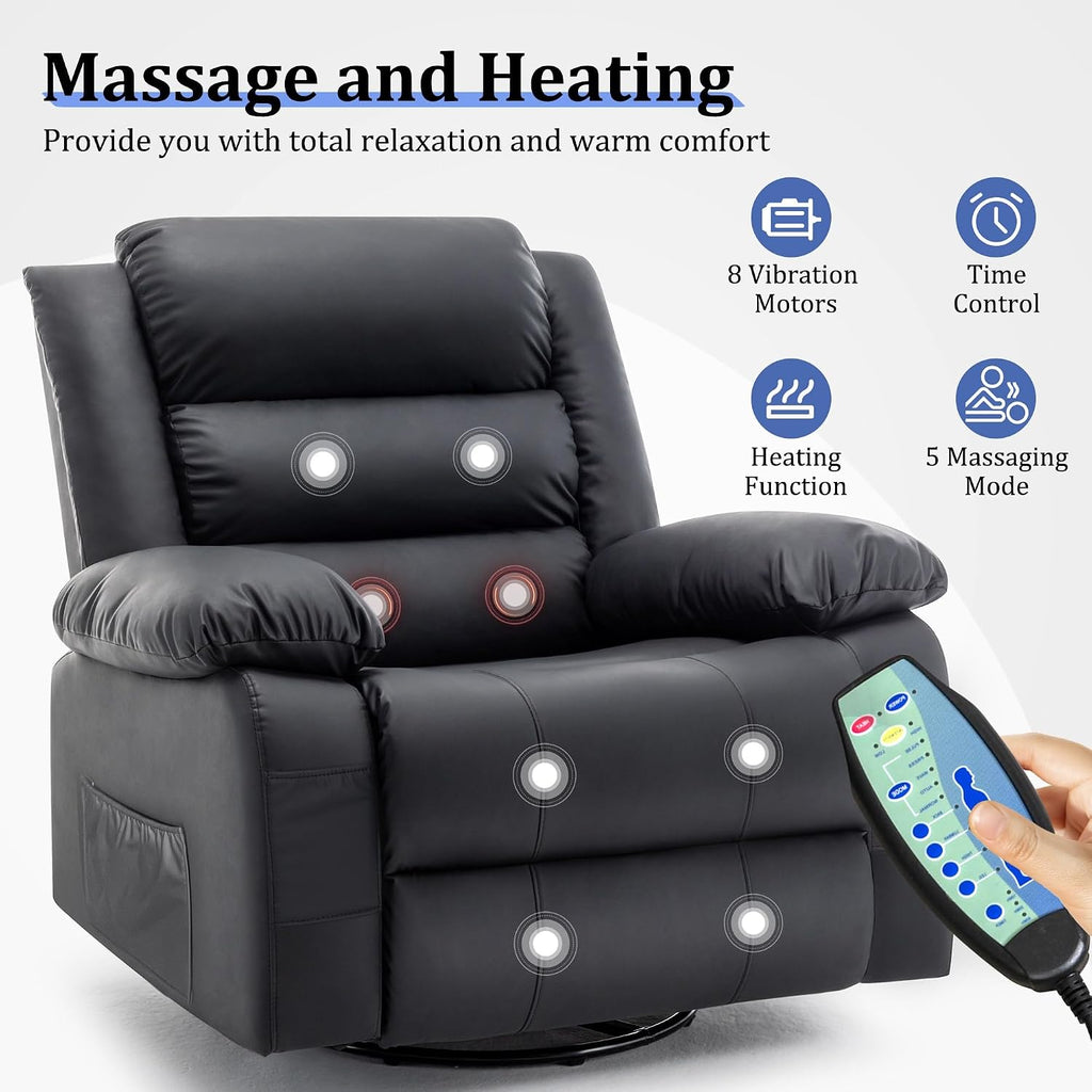 Korser Recliner Chair for Adults, Oversized 360° Swivel Rocker Recliner with Massage and Heat, Wide Nursery Glider Rocking Chair with Side Pockets, Cashmere Reclining Sofa for Living Room (Black)