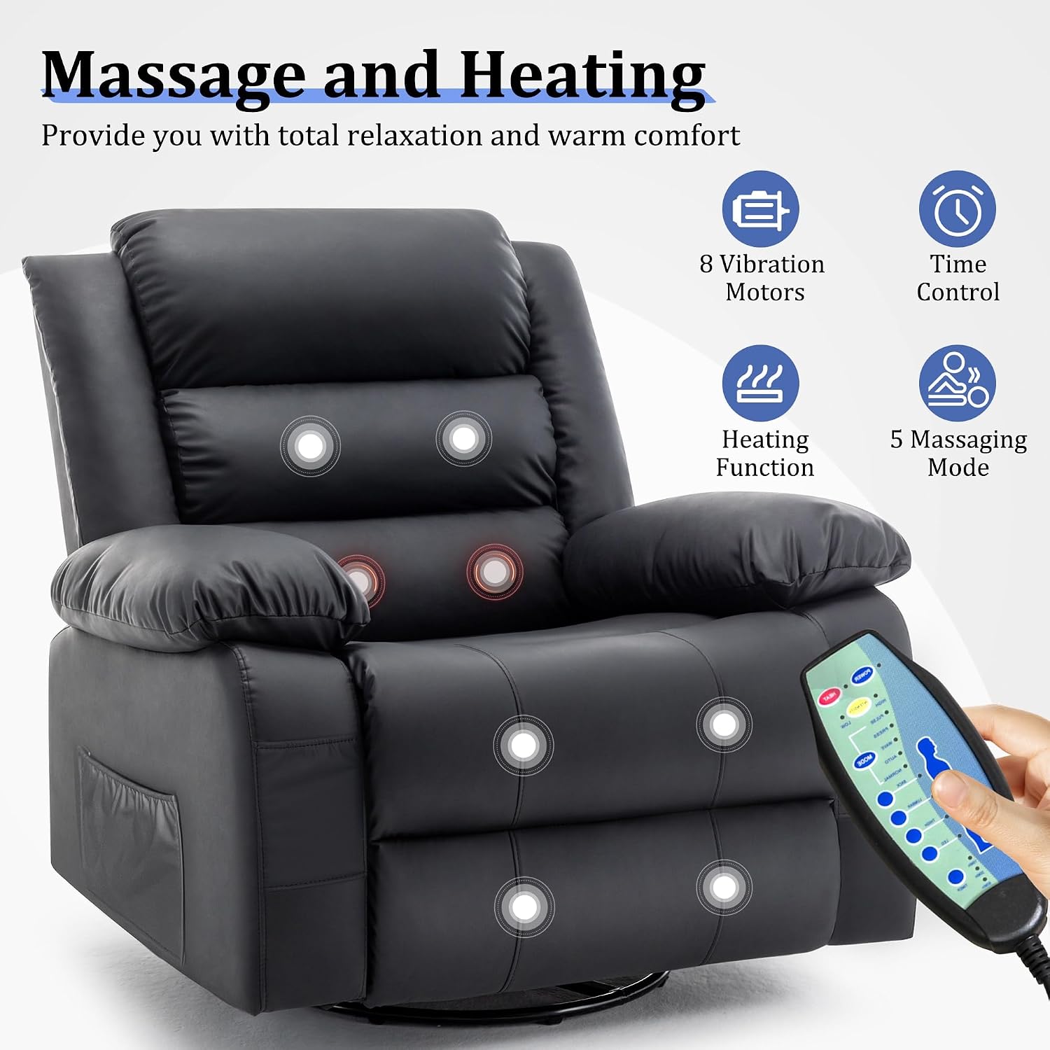Korser Recliner Chair for Adults, Oversized 360° Swivel Rocker Recliner with Massage and Heat, Wide Nursery Glider Rocking Chair with Side Pockets, Cashmere Reclining Sofa for Living Room (Black)