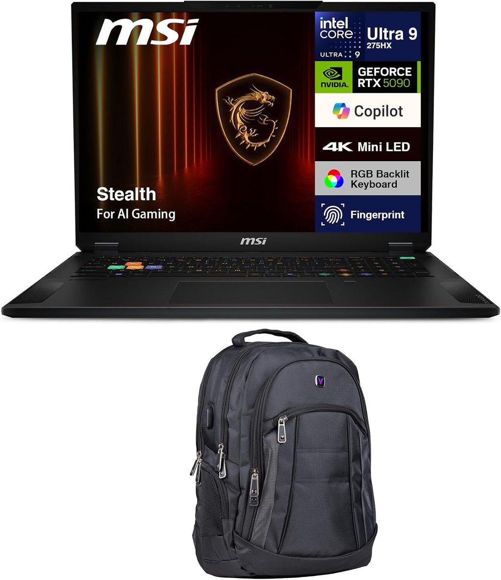 MSI Stealth AI Gaming Laptop 18' 4K (Intel Ultra 9-275HX, GeForce RTX 5090 24GB, 64GB DDR5, 4TB PCIe SSD, Bluetooth 5.4, RJ-45, Webcam, Fingerprint, RGB KBWin 11 Pro) w/Premium Backpack