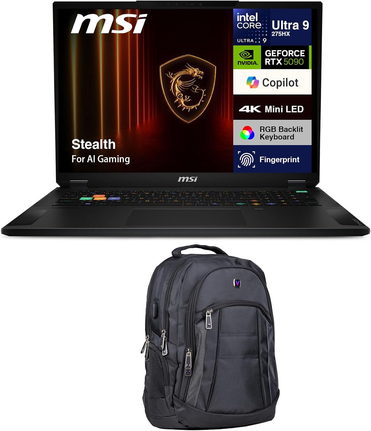 MSI Stealth AI Gaming Laptop 18' 4K (Intel Ultra 9-275HX, GeForce RTX 5090 24GB, 64GB DDR5, 4TB PCIe SSD, Bluetooth 5.4, RJ-45, Webcam, Fingerprint, RGB KBWin 11 Pro) w/Premium Backpack