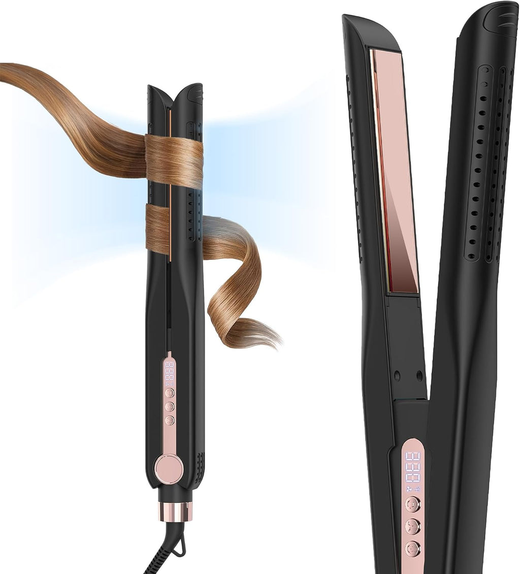 SKIMI Airflow Styler 2.0 Titanium Flat Iron Hair Straightener & Curling Wand, 96 Cool Air Vents for 48H Lasting Style, Dual Voltage for Travel & Home, Anti-Tangle, 5 Temps (Black & Blush).