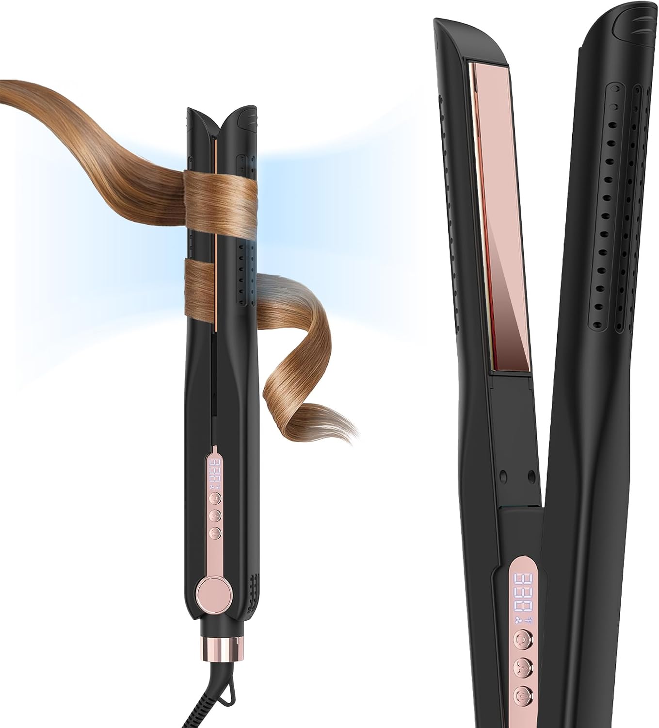 SKIMI Airflow Styler 2.0 Titanium Flat Iron Hair Straightener & Curling Wand, 96 Cool Air Vents for 48H Lasting Style, Dual Voltage for Travel & Home, Anti-Tangle, 5 Temps (Black & Blush).