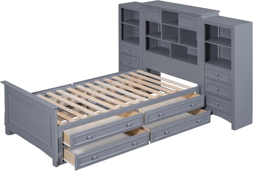 DNYN Twin Size Platform Bed with Storage Drawers(4+6) & Cabinet Headboard for Kids Bedroom,Solid Wood Bedframe w/Wood Slat Support,Super Save Space & No Box Spring Needed, Gray
