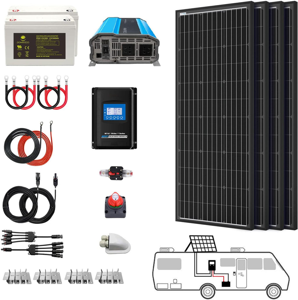 400 Watt (4pcs 100W Mono) Solar Panel Kit + 3000 Watt Power Inverter + Gel Battery Bank for RV, Boat, Cabin, Off-Grid 12 Volt Battery System