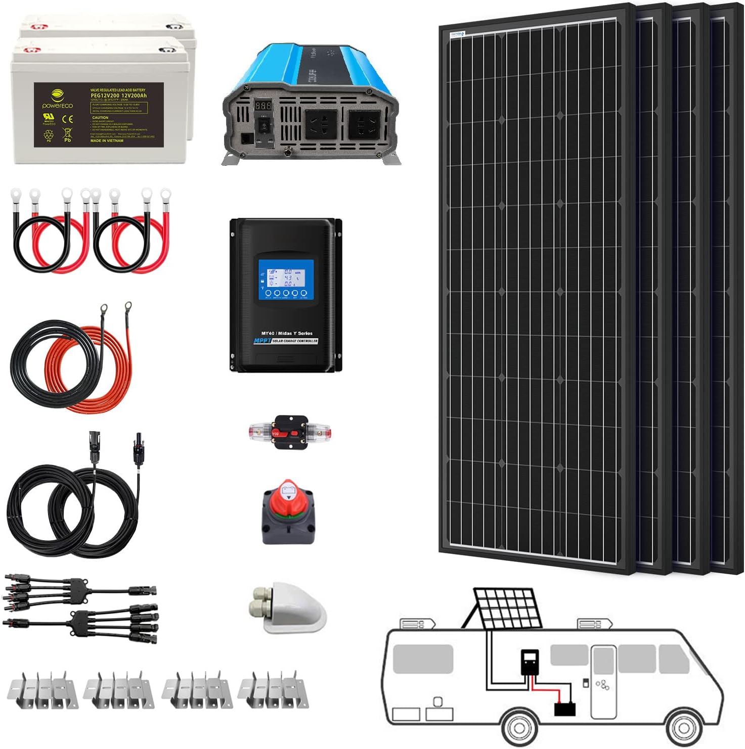 400 Watt (4pcs 100W Mono) Solar Panel Kit + 3000 Watt Power Inverter + Gel Battery Bank for RV, Boat, Cabin, Off-Grid 12 Volt Battery System