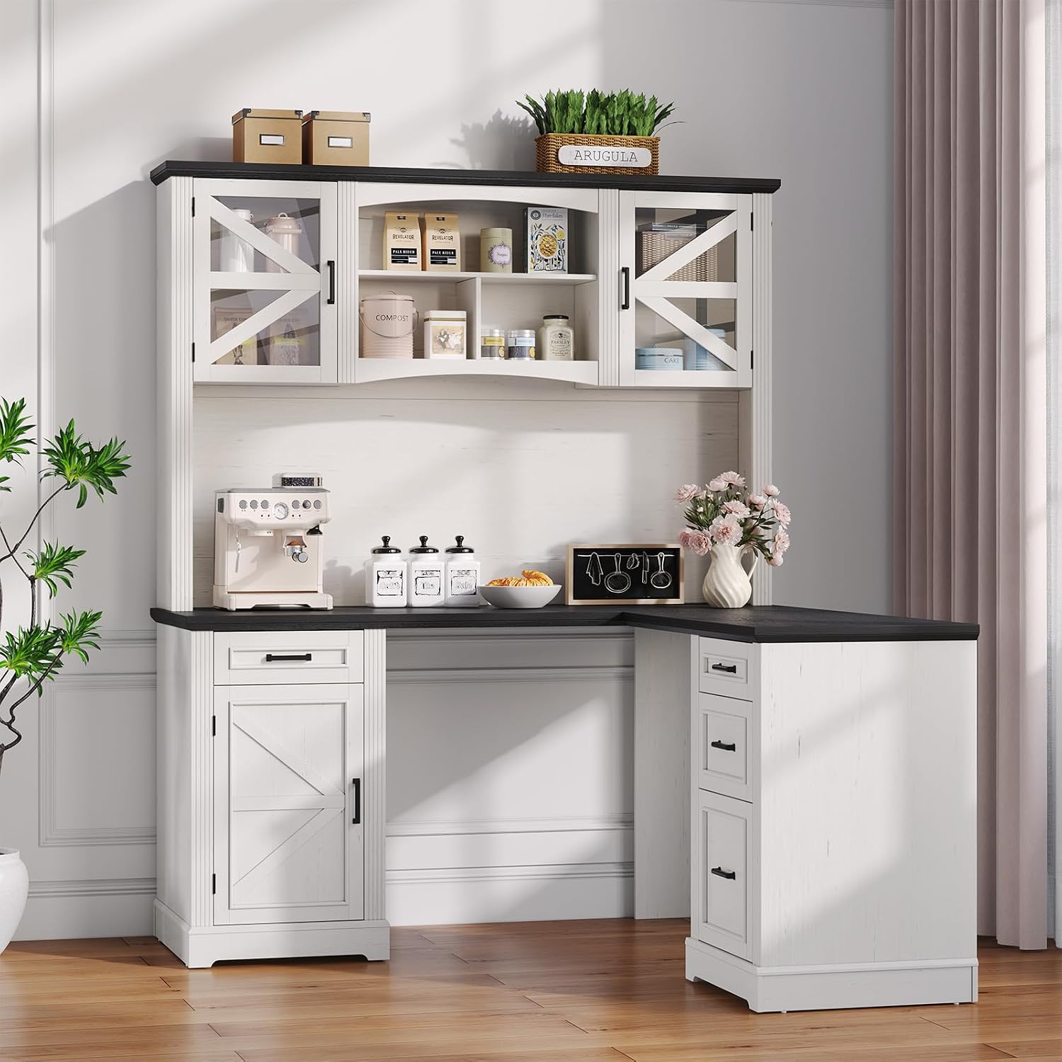 ONBRILL 72' L-Shaped Executive Desk with Hutch, Farmhouse L-Shaped Computer Desk with 4 Drawers, File Drawer and Power Outlet, Home Office Computer Desk for Living Room,Study Room (Off White& Black)
