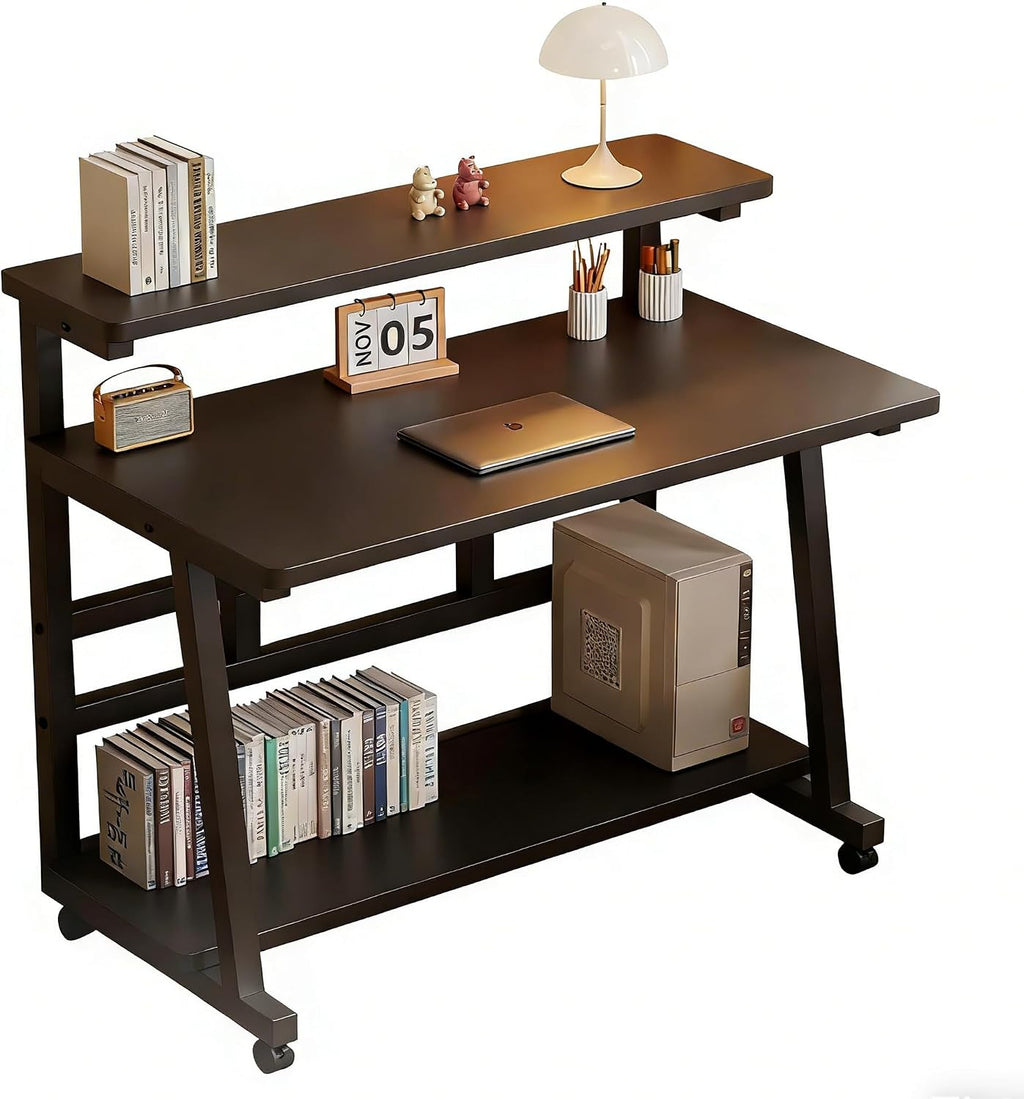 47.2 Inch Compact Rolling Computer Desk with Tier Worktable & Lockable Wheels, Small Computer Desk, Small Desk for Bedroom, Mobile Writing Workstation Easy Assembly for Home Office Small Spaces