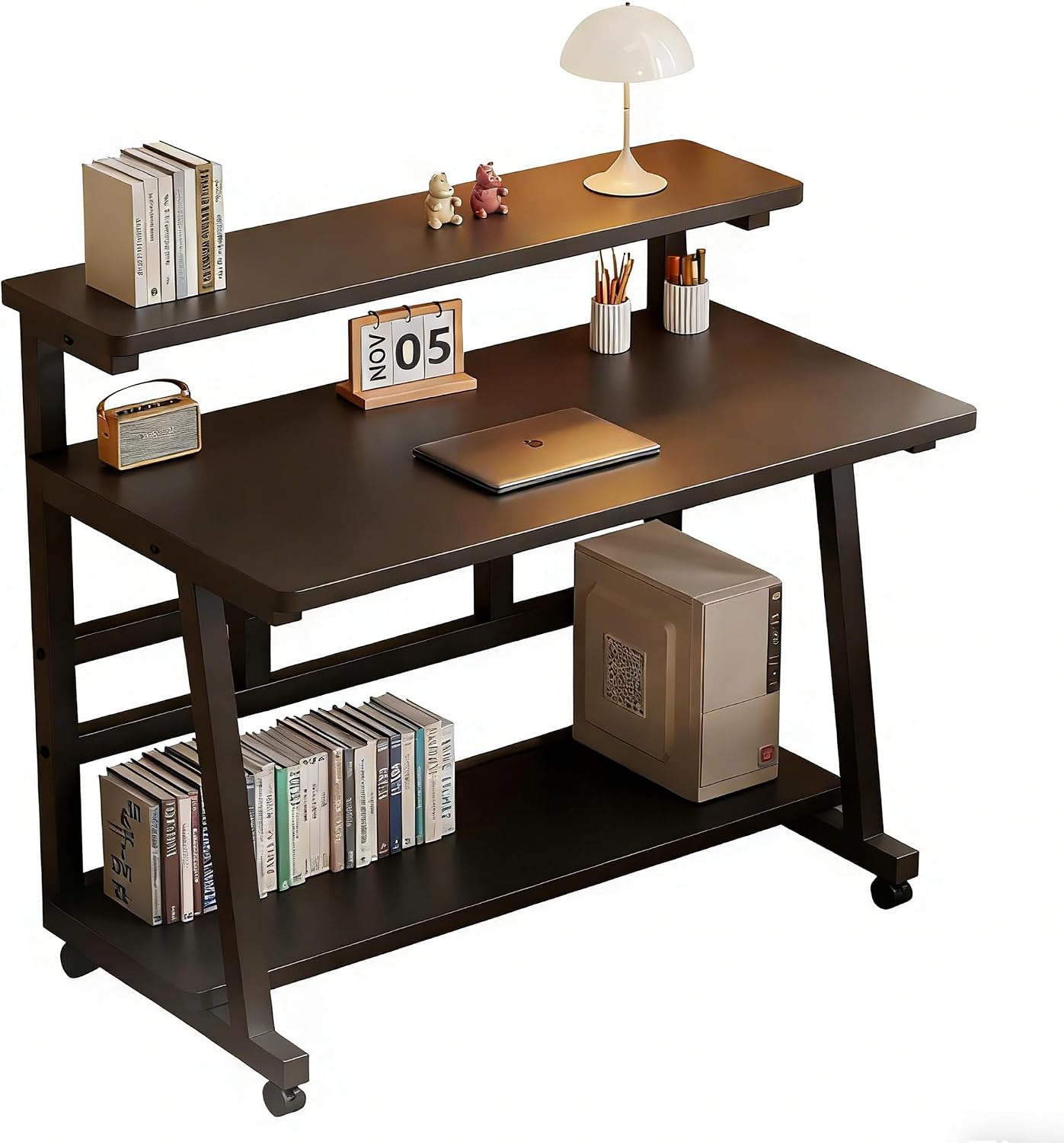 47.2 Inch Compact Rolling Computer Desk with Tier Worktable & Lockable Wheels, Small Computer Desk, Small Desk for Bedroom, Mobile Writing Workstation Easy Assembly for Home Office Small Spaces