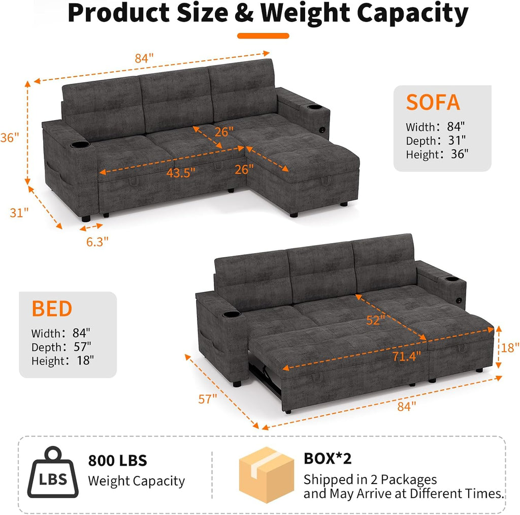 GarveeLife Couches for Living Room, 84'' L-Shaped Sectional Sleeper Sofa with Pull Out Bed, Comfy Sofa Bed with Charging Ports and Storage Armrests, Dark Grey