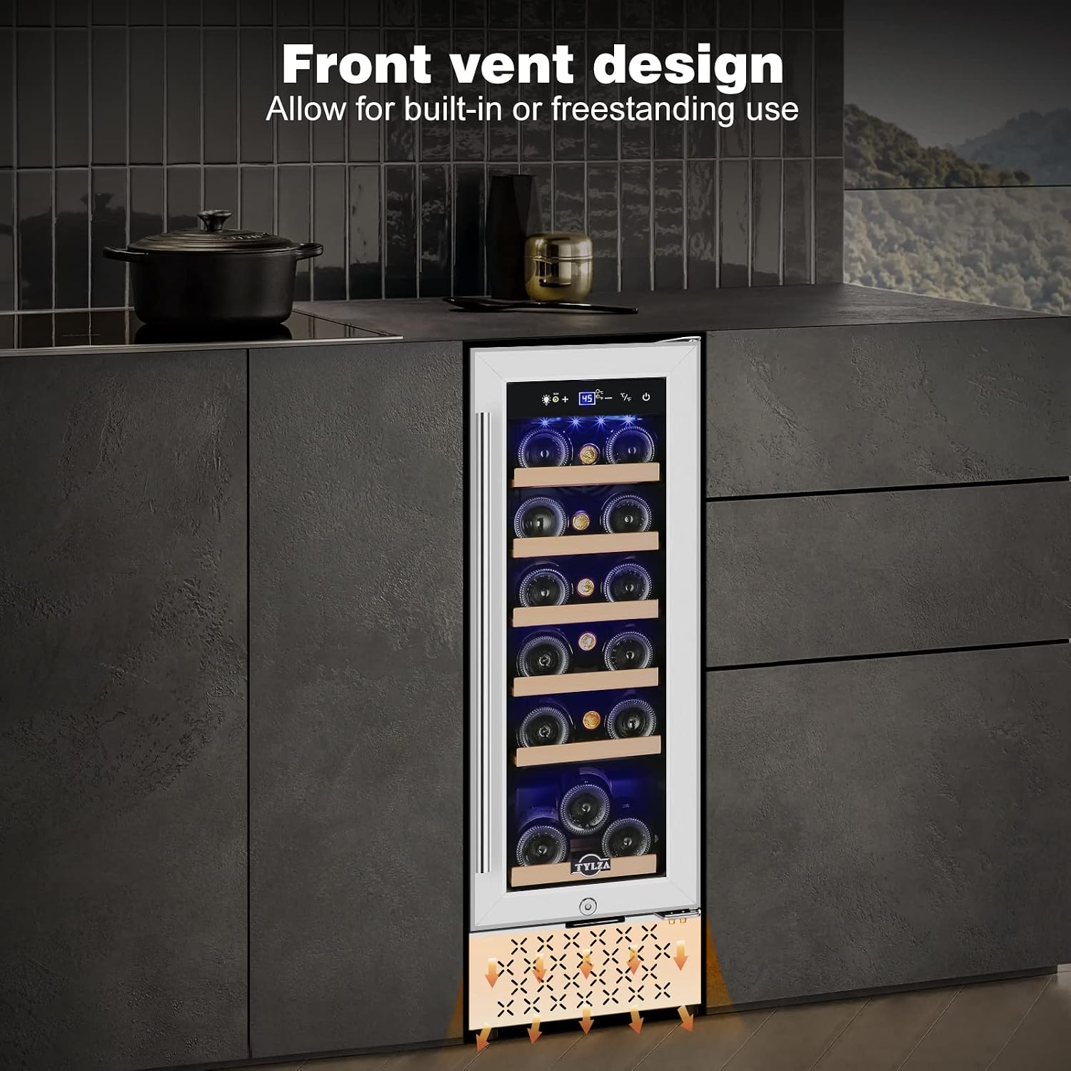 Tylza 12' Wine Cooler Refrigerator, 18 Bottles Wine Fridge Built-in or Freestanding with Stainless Steel & Double-Layer Tempered Glass Door, Compressor Fast Cooling, Low Noise and No Fog, Mini Fridge