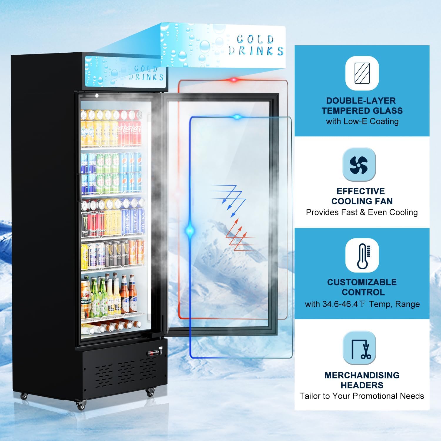 25.7'' W Commercial Refrigerators with Glass Door, 15 Cu.ft. Beverage Refrigerators Commercial Fridge Upright Display Cooler with Soft LED Light and Adjustable Shelves for Restaurant Stores