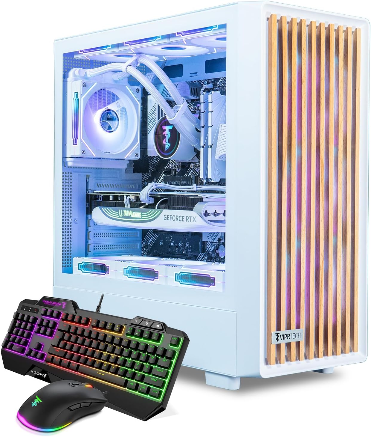 ViprTech Overlord 3.0 Wood Gaming PC - AMD Ryzen 9 7900X (5.6Ghz Liquid Cooled), RTX 5070 Ti 16GB, 32GB DDR5 RAM, 2TB NVMe SSD, 1000W Gold, Keyboard Mouse, VR-Ready, WiFi BT, Computer Desktop, White