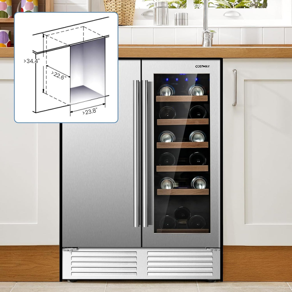 COSTWAY Wine and Beverage Refrigerator, 24 Inch Dual Zone Under Counter Wine Beverage Cooler with Lock, Stainless Steel Door, Built-in & Freestanding Wine Fridge Holds 19 Bottles and 57 Cans