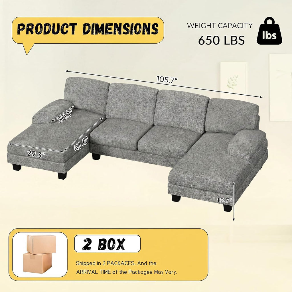 JUMMICO Sectional Couches for Living Room, U Shaped Couch with Chenille Fabric, 4 Seat Modern Sofa with Removable Pillows for Apartment and Small Space (Loop Yarn, Pearl Gray)