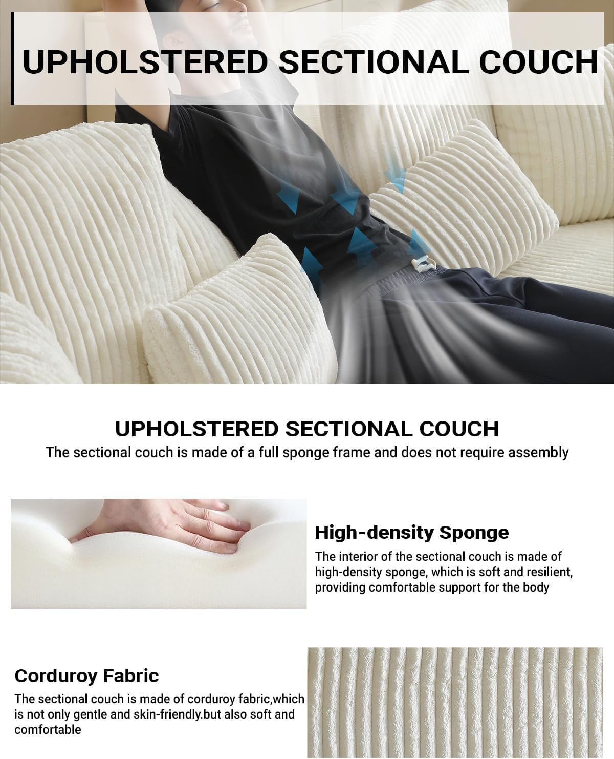 110' Cloud Sectional Couch, Modular Sectional Sofa with Deep Seat, Corduroy Upholstered Boneless Couch for Living Room Bedroom, Left Facing Chaise (Beige, 110' Right Facing Chaise)
